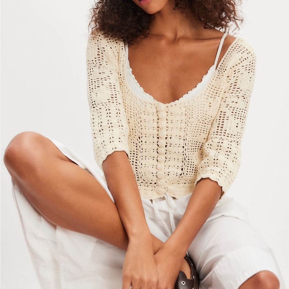 Free People Ivory Crochet Knit Cardigan Top – NWT – Size Small